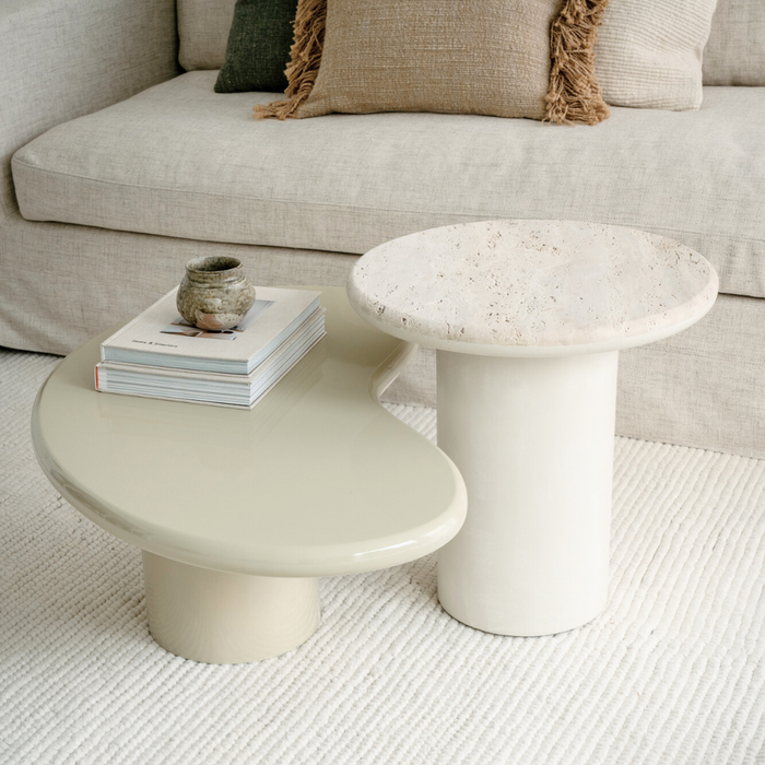 Coffee table Loches - Glossy light khaki StoneSkin - Round edge