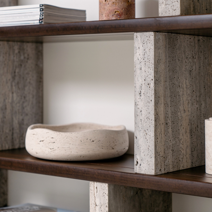 Wall rack Merpins - smoke wood - Gray travertine pillars - 240 cm