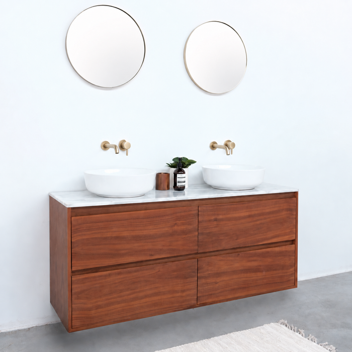 Meuble de salle de bain Marbre Blanc Ann - Meuble Noyer - Lavabo en porcelaine Alexis II (150 cm)
