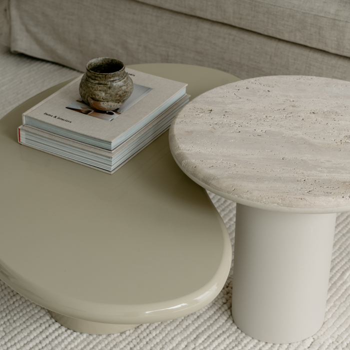 Coffee table Loches - Glossy light khaki StoneSkin - Round edge