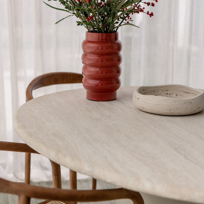 Dining table Reef - Latte StoneSkin leg - White Travertine top half filled - 140 cm