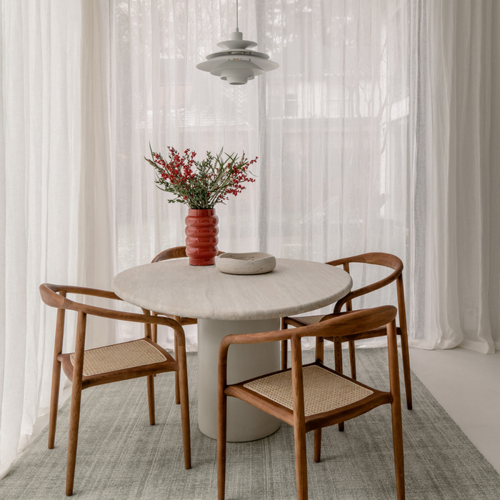 Dining table Reef - Latte StoneSkin leg - White Travertine top half filled - 140 cm