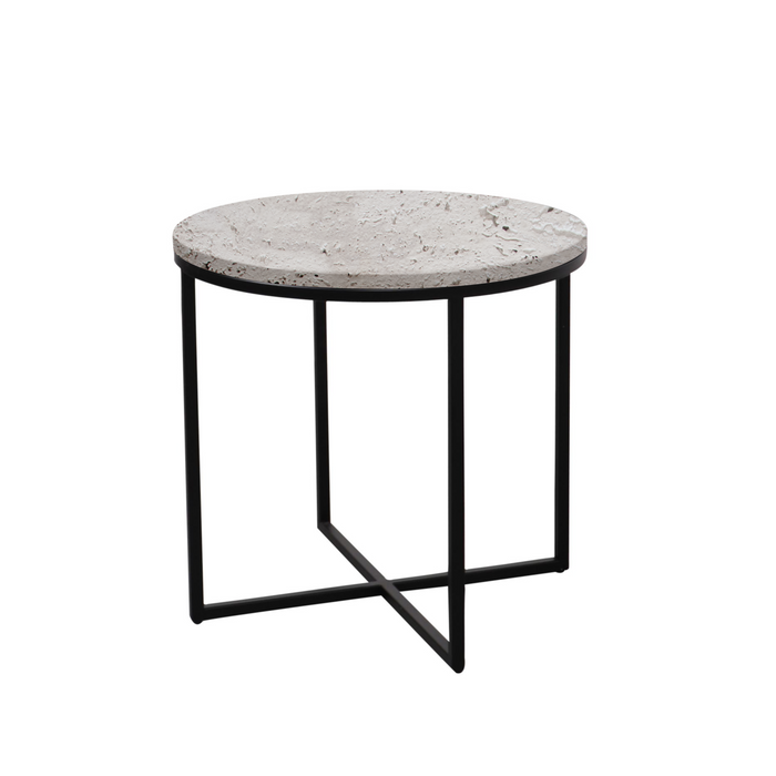 Mesa auxiliar Rosie - Arenisca blanca - Travertino - patas negro mate - Pequeña - 50x45