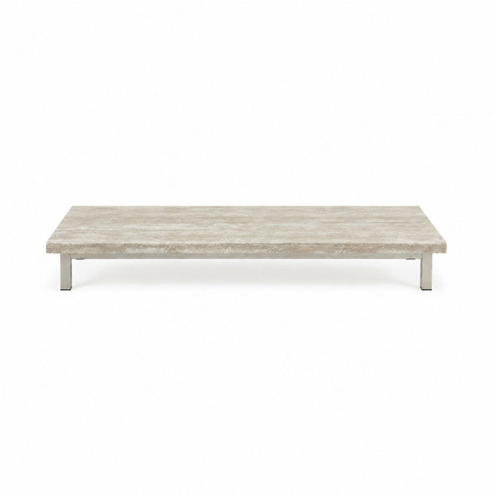 Salontafel Marais B168 D71 H20 - Geborsteld poten - Wit travertijn - Rechte rand - Gevuld - Satijnen afwerking