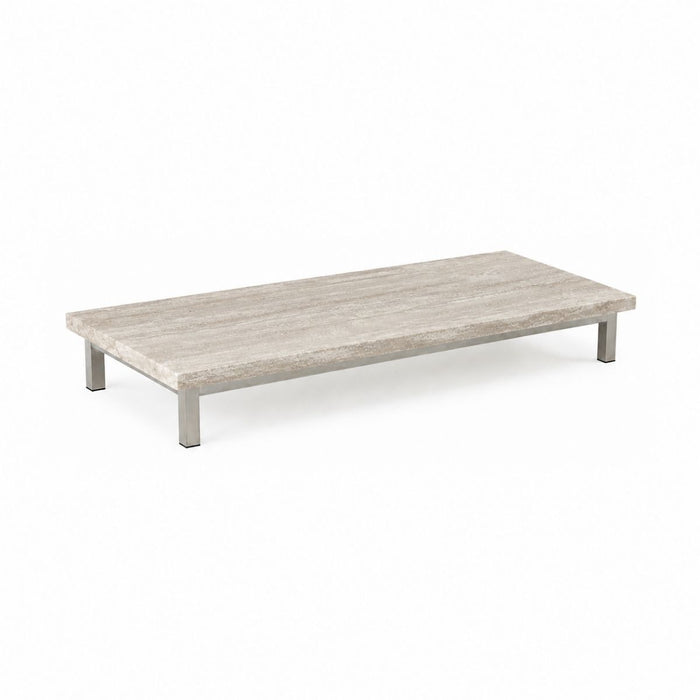 Salontafel Marais B168 D71 H20 - Geborsteld poten - Wit travertijn - Rechte rand - Gevuld - Satijnen afwerking