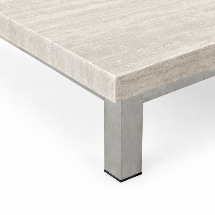 Salontafel Marais - B80 D80 H20 - Geborsteld stalen poten - Wit travertijn tafelblad - Rechte rand - Tafelblad 5 cm (kopie)