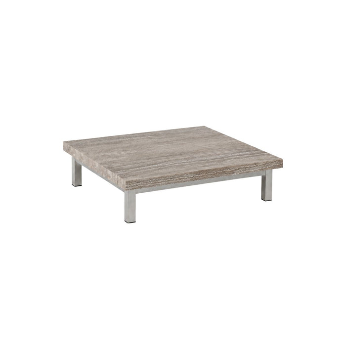 Couchtisch Marais - B80 T80 H20 - Gebürstete Stahlbeine - Grau-silberne Travertin-Tischplatte - Gerade Kante - Tischplatte 5 cm