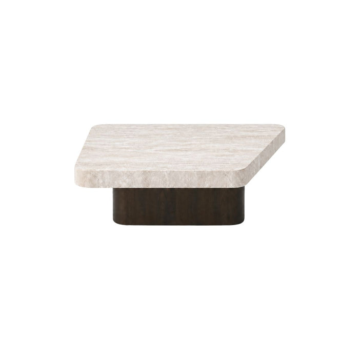 Table basse Puro L80 P70 H25 - Piètement gris fumé - Plateau en travertin blanc - Double bord droit