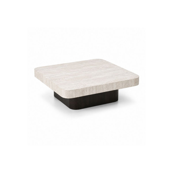 Table basse Puro L80 P80 H25 - Piètement gris fumé - Plateau en travertin blanc - Double bord droit