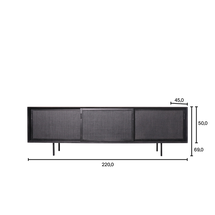 Schwarzes Rattan-Sideboard mit Schilfrohrtüren – Oskar – 220 cm