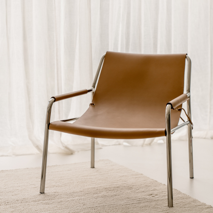 Armchair Azur - B78 cm - brushed steel frame - Light Cognac leather