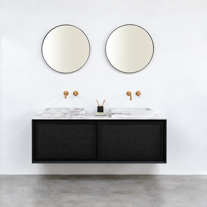Black bathroom furniture - White Marble Washbasin - Black Wicker (150 cm) - Nestor