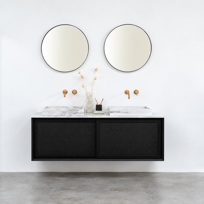 Black bathroom furniture - White Marble Washbasin - Black Wicker (150 cm) - Nestor