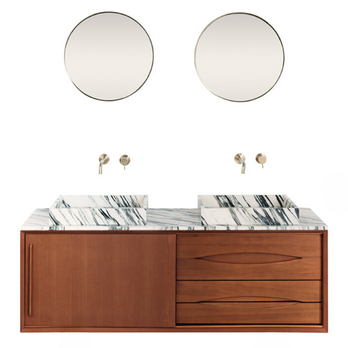 Bathroom furniture Bill Teak - Blue White marble sink/wash plate - Wooden legs