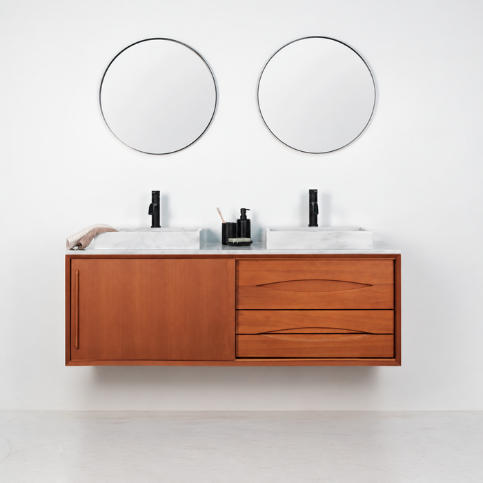 Meuble de salle de bain rétro Bill Teak - Marbre Blanc - Lavabo avec trou pour robinetterie