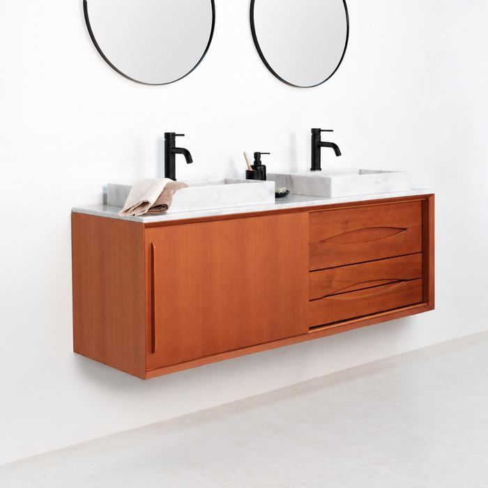 Meuble de salle de bain rétro Bill Teak - Marbre Blanc - Lavabo avec trou pour robinetterie