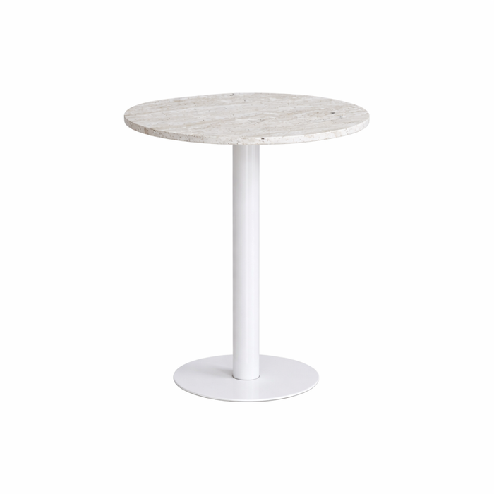 Table haute ronde Erik - L60 P60 H75 – Piètement blanc – Plateau en travertin gris