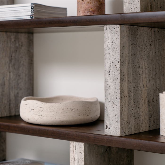 Wall rack Merpins - smoke wood - Gray travertine pillars - 240 cm