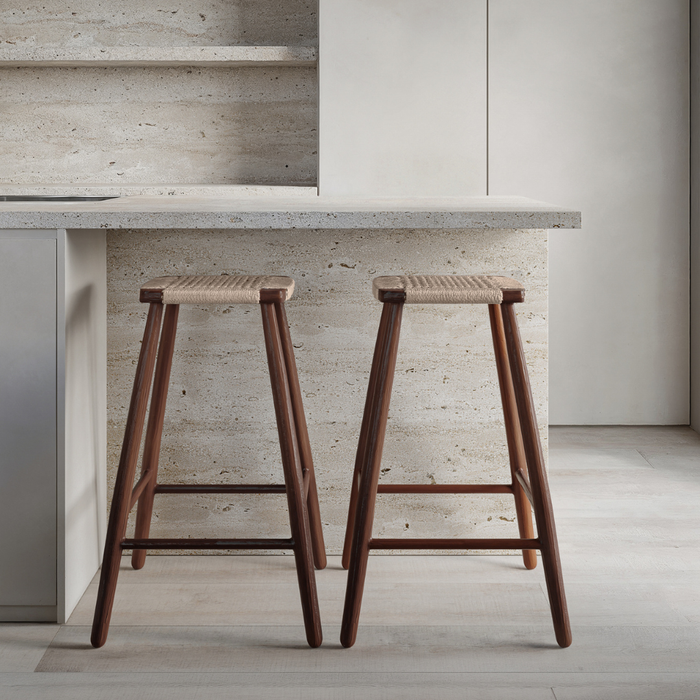 Barstoel Belli - Zithoogte 65 cm - Donkerwalnoot kleur - Geweven zitting