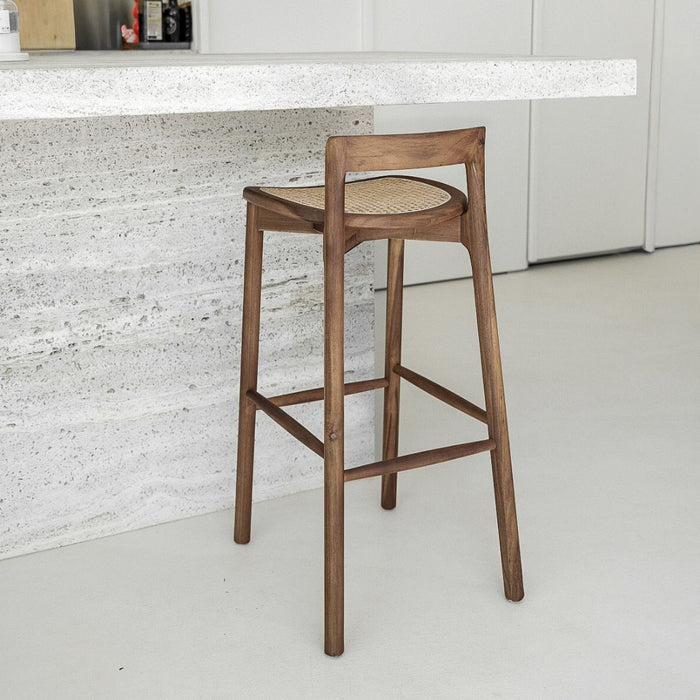 Tabouret Charmes - Acacia noyer - Assise en rotin - Hauteur d'assise 75 cm