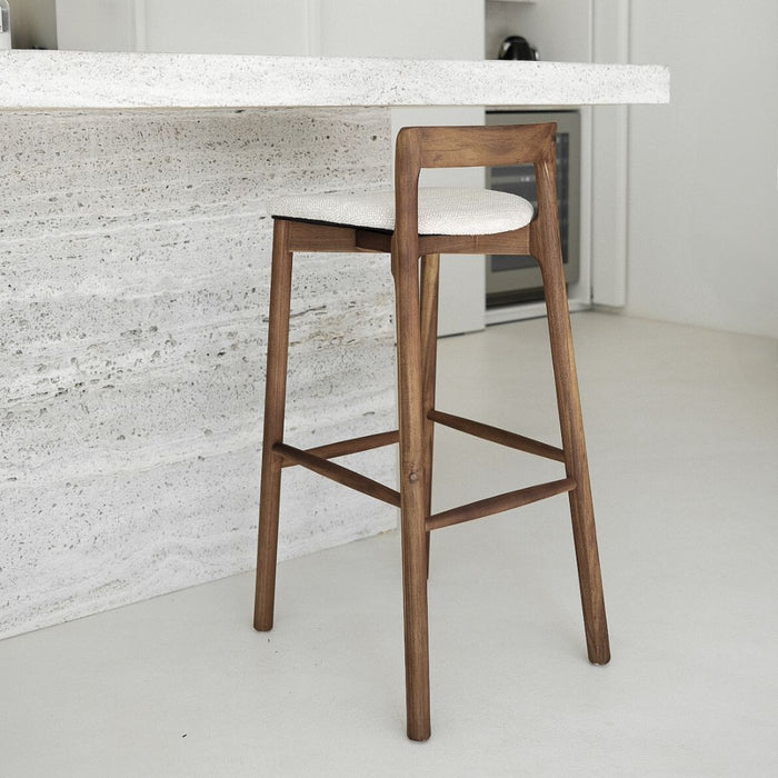 Tabouret Charmes - Acacia noyer - Assise en tissu - Tissage sandstone tacheté - Hauteur d'assise 65 cm