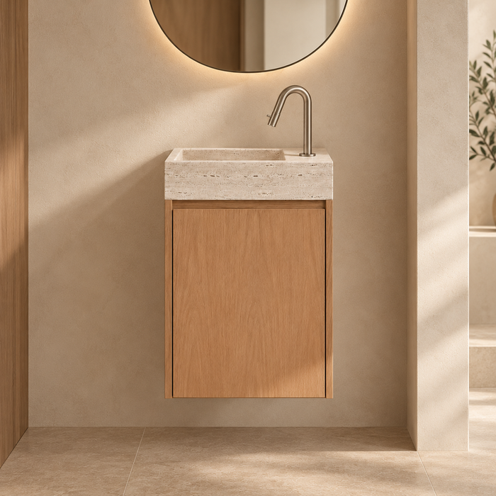 Lave-mains Krabi avec meuble en chêne, travertin blanc