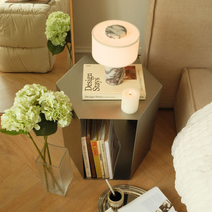 Mesa auxiliar de metal - hexágono B46.2 D40 H45 - Acero inoxidable