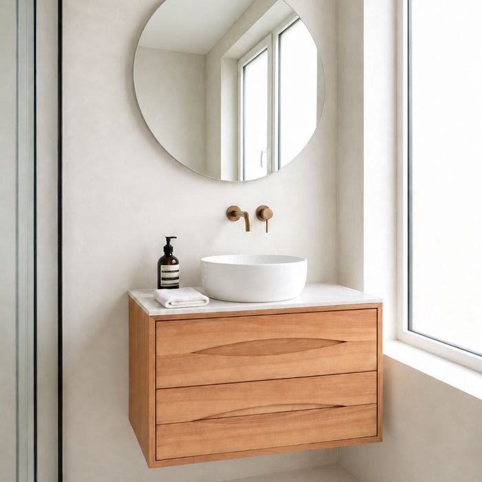 Meuble de salle de bain Chêne - Bill - Vasque en porcelaine Alexis II - Plateau Marcel marbre blanc - 80 cm