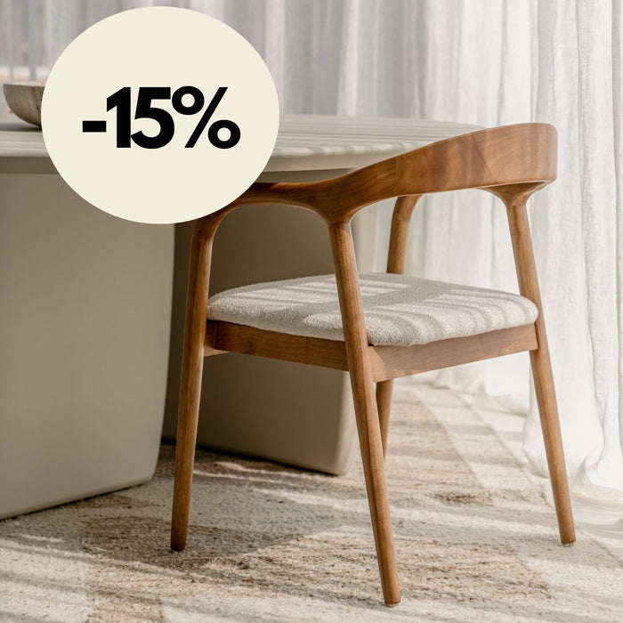Silla de comedor - Nogal claro - Muret - Asiento de tejido bouclé color marfil