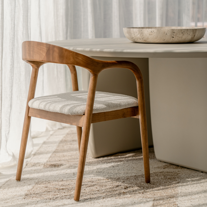 Silla de comedor - Nogal claro - Muret - Asiento de tejido bouclé color marfil