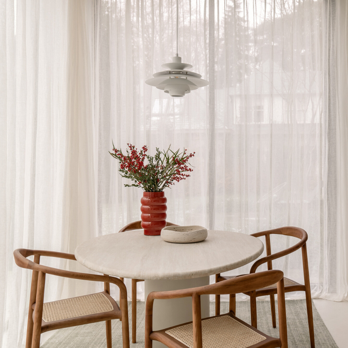 Dining table Reef - Latte StoneSkin leg - White Travertine top half filled - 140 cm