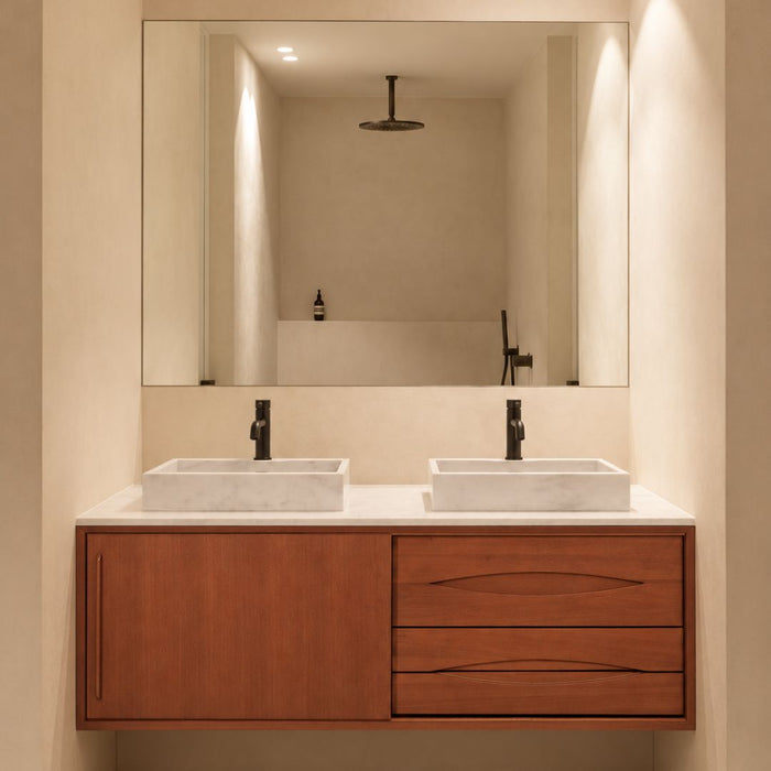 Meuble de salle de bain rétro Bill Teak - Marbre Blanc - Lavabo avec trou pour robinetterie