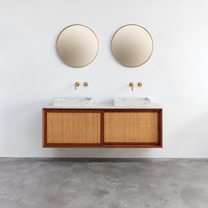 Meuble de Salle de Bain Vintage - Vasque en marbre blanc - Teck-Rotin (150 cm) - Nestor