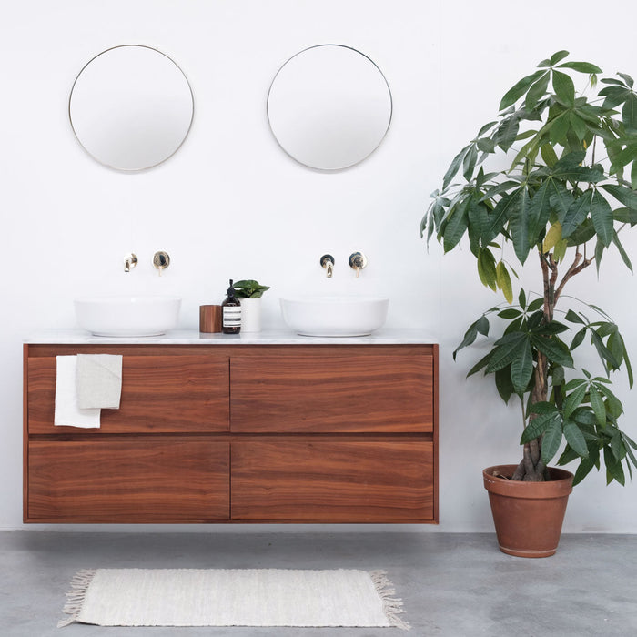 Mueble de baño Mármol Blanco Ann - Mueble Nogal - Lavabo de porcelana Alexis II (150 cm)